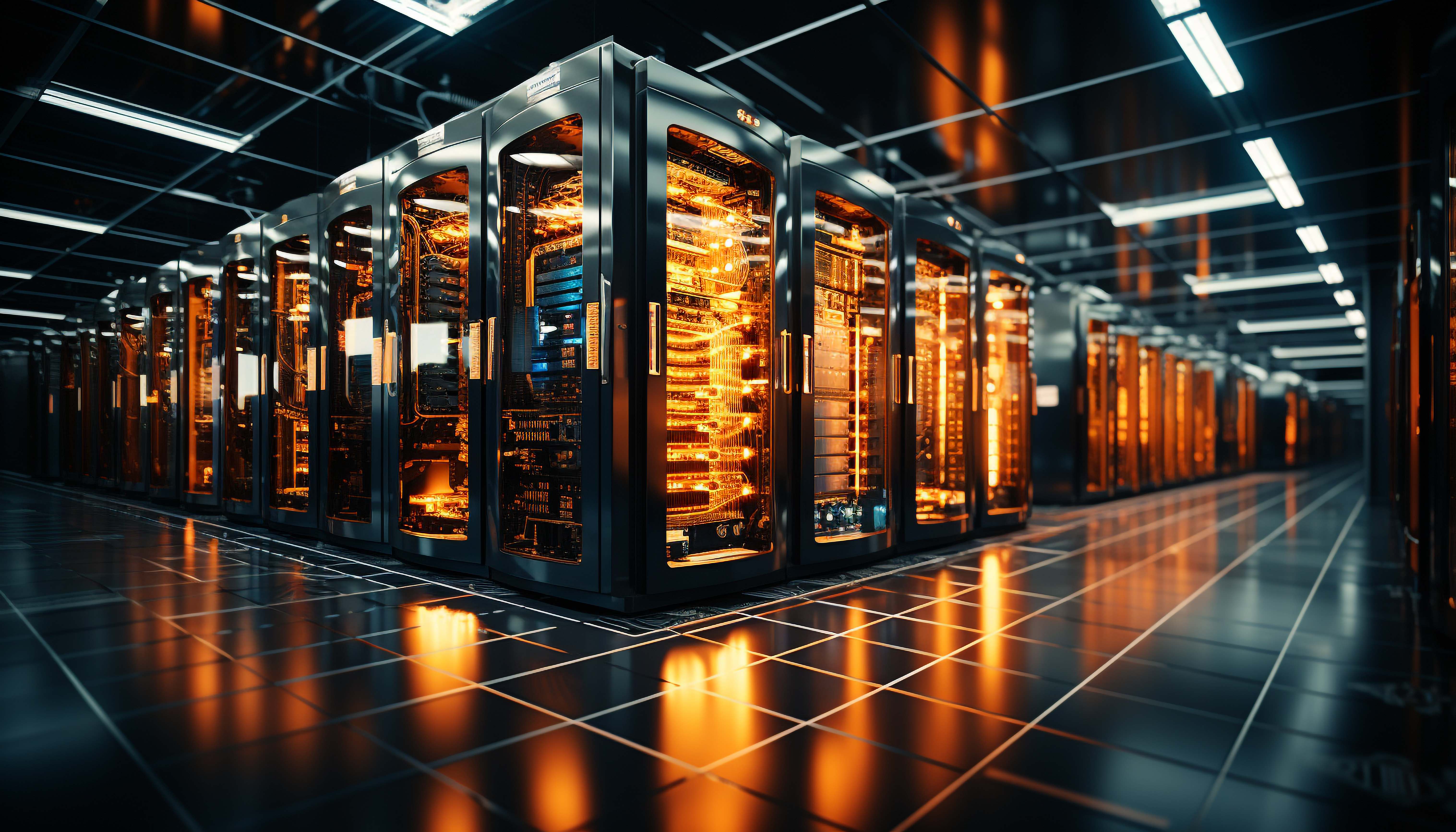 Modern data center with glowing server racks